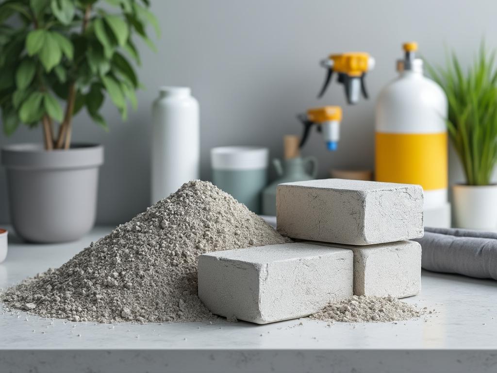 Bloques de construcción y pila de cemento en una mesa, rodeados de plantas y herramientas de trabajo.