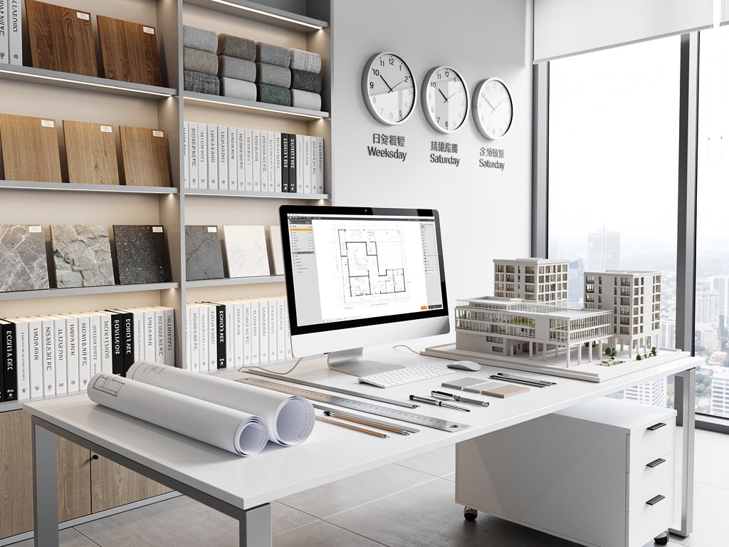 Estudio de arquitectura moderno con planos, maqueta de edificio, muestras de materiales y ordenador de diseño