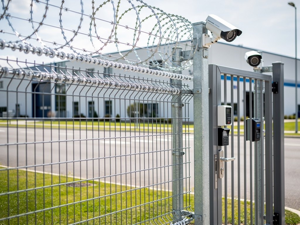 Valla de seguridad con alambre de púas, cámaras de vigilancia y control de acceso en entrada industrial