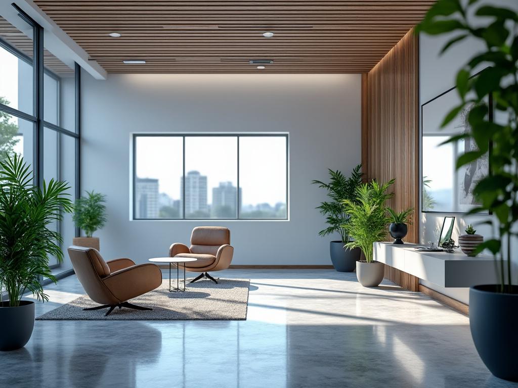 Sala de estar moderna con techo de madera, ventanales grandes, sillones marrones, mesa de centro blanca y plantas decorativas.