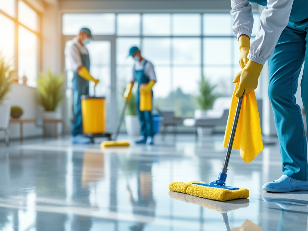 Trabajadores de limpieza limpiando el suelo de una oficina moderna con luz natural.