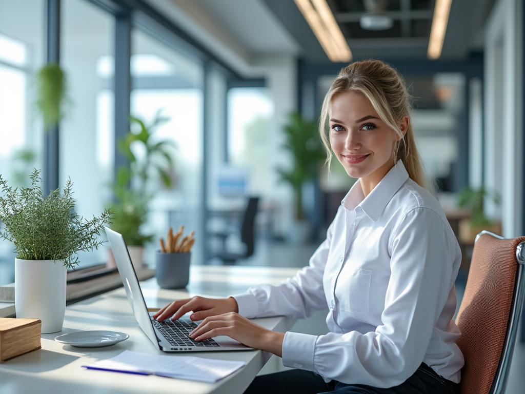 Mujer sonriendo trabajando en una oficina moderna con laptop, rodeada de plantas.