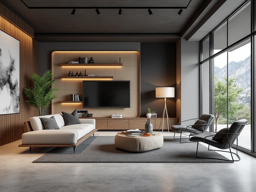 Sala moderna con sofá blanco, televisor grande en la pared, estanterías con decoración, lámpara de pie, sillones grises y ventanas panorámicas con vista a montañas.