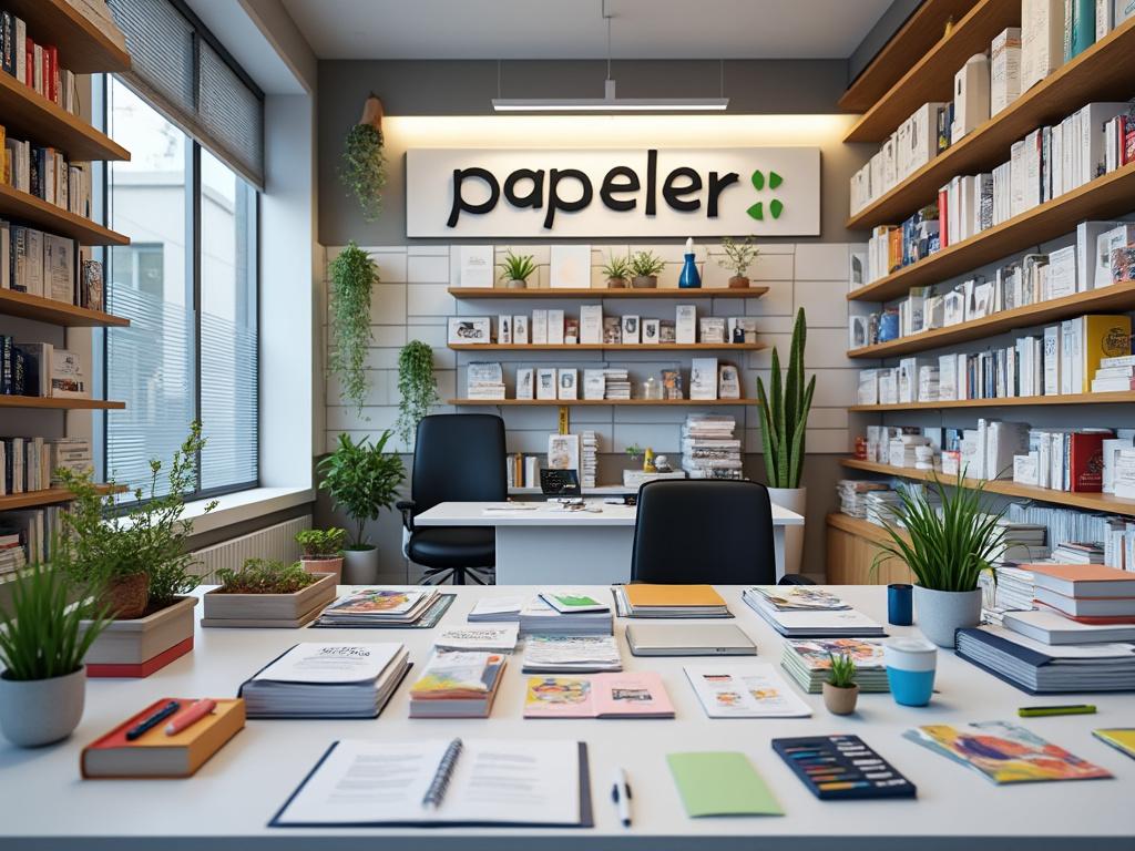 Interior de una librería con estantes llenos de libros, plantas decorativas y un escritorio con cuadernos y papelería.