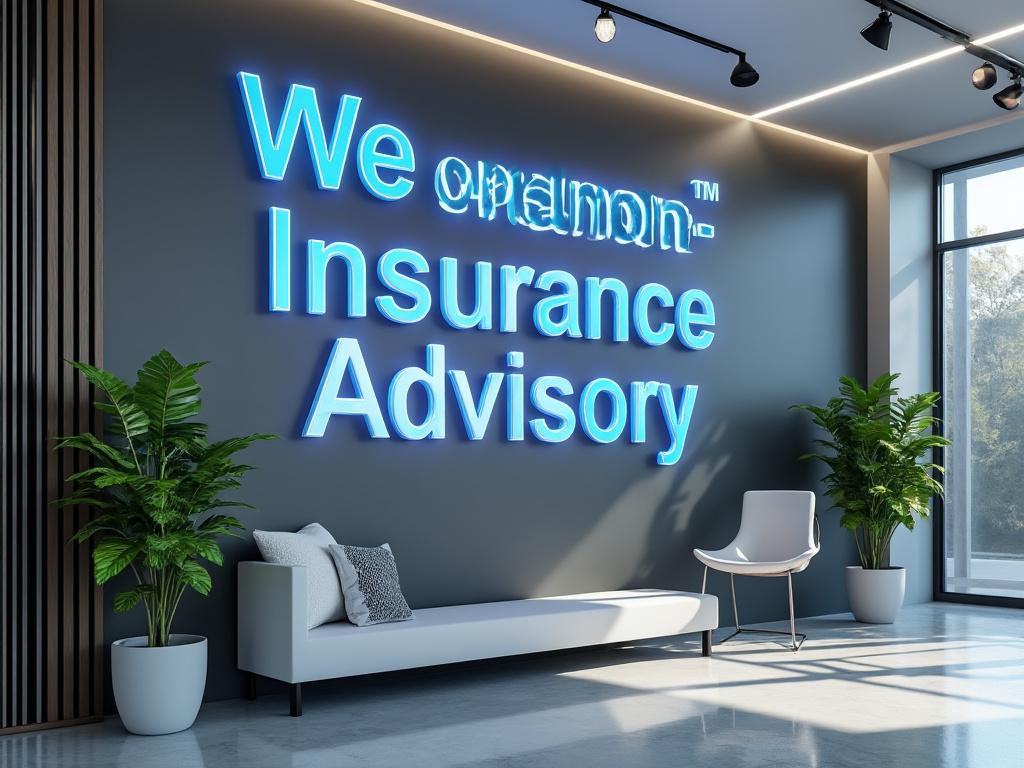 Sala de espera moderna con letrero azul que dice 'Insurance Advisory', sofá blanco, silla blanca y plantas decorativas junto a una ventana grande.