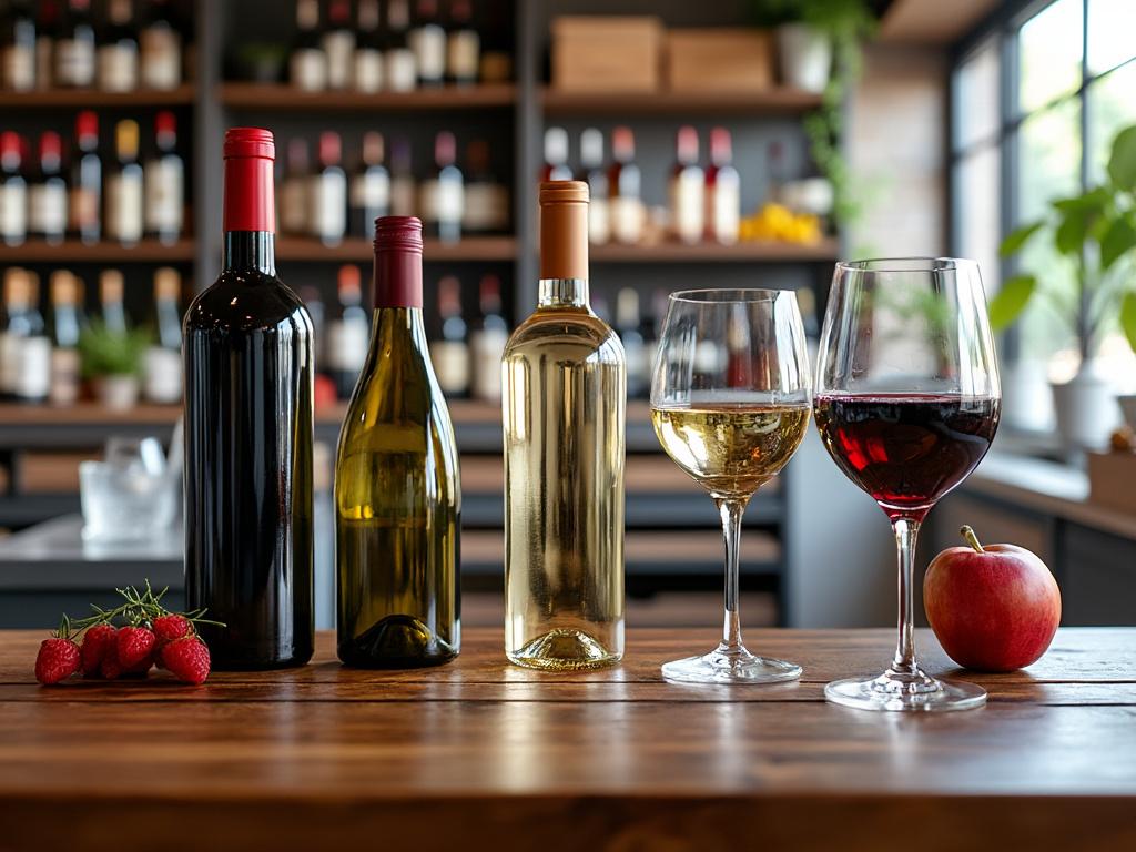 Tres botellas de vino y dos copas sobre una mesa de madera, con fresas y una manzana, en un ambiente de bodega.