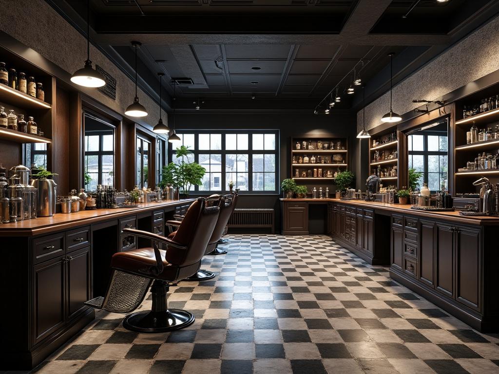 Modern barbershop interior with vintage chairs, checkered floor, wooden shelves, and decorative jars.