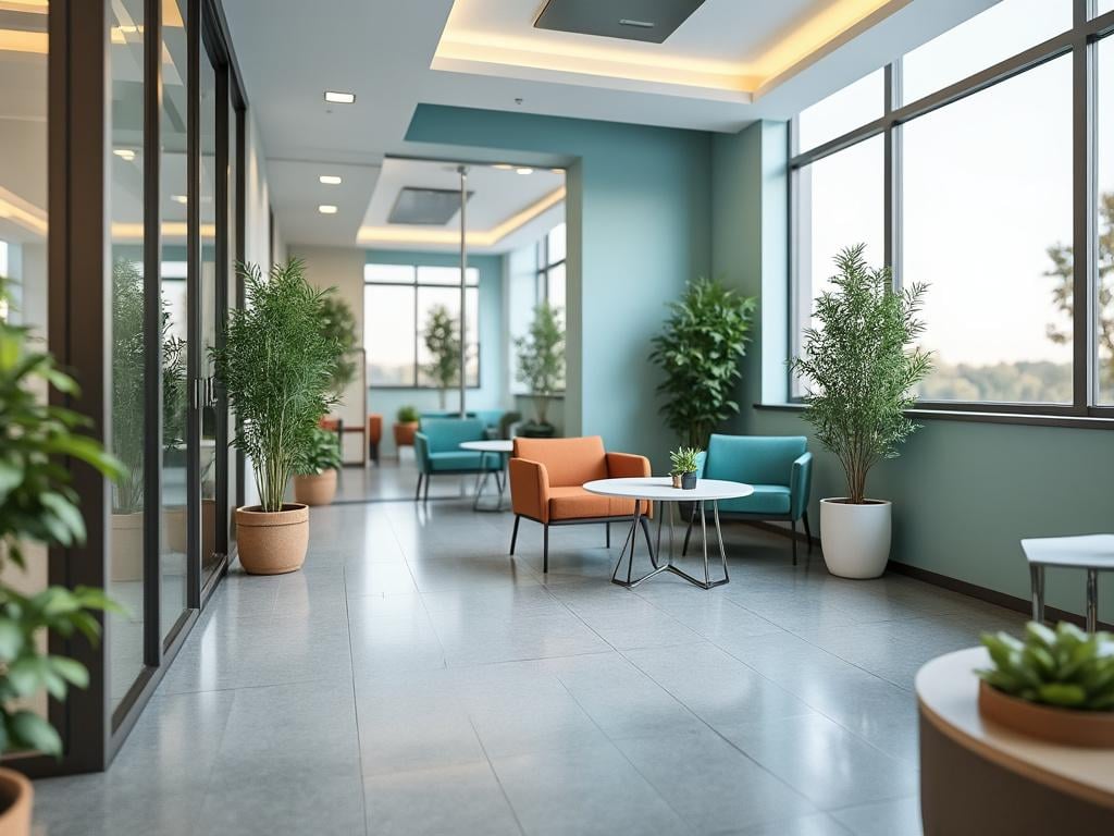 Modern office lounge with colorful chairs, indoor plants, large windows, and natural light