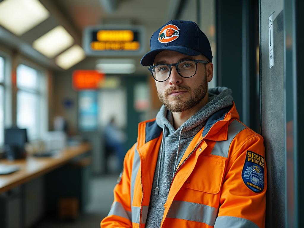 Hombre con chaqueta naranja de seguridad y gorra en oficina de control.