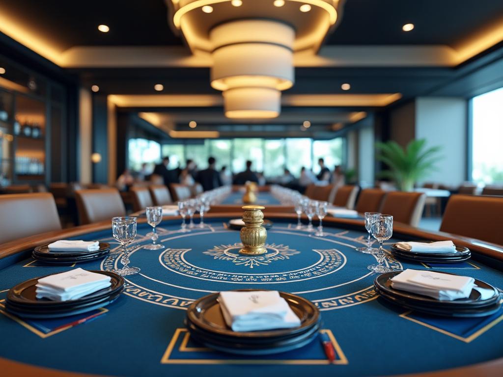 Mesa de casino con cristalería y servilletas en un elegante interior con iluminación moderna, personas al fondo.