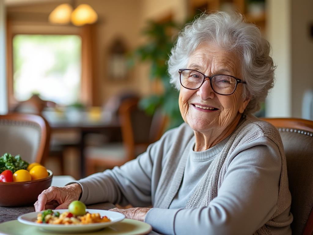 Elderly woman with glasses smiling at a dining table with a plate of food and a bowl of colorful vegetables.