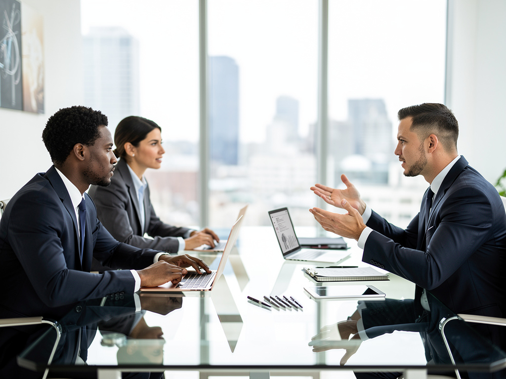Reunión de negocios en oficina moderna con profesionales usando portátiles y discutiendo estrategia empresarial