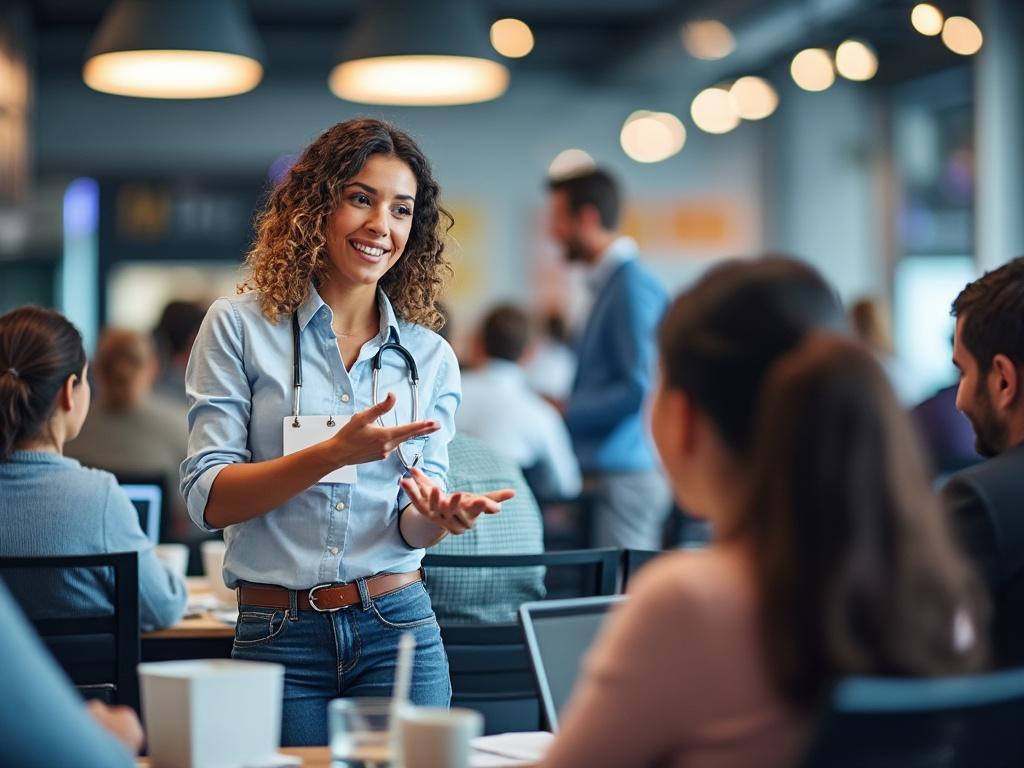 Smiling woman with a stethoscope engaging in conversation in a conference room setting. Smiling woman with a stethoscope engaging in conversation in a conference room setting.