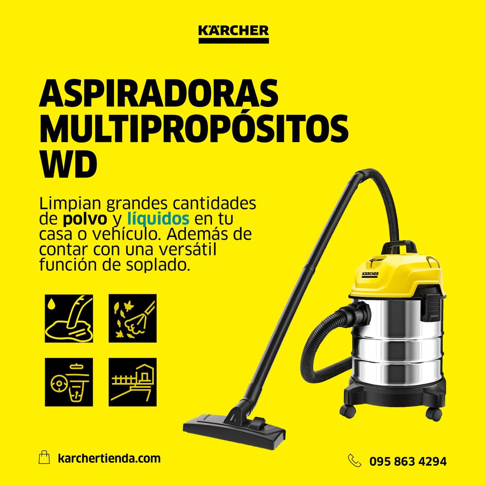 Aspiradora moderna azul en un espacio interior elegante con piso brillante y plantas decorativas.