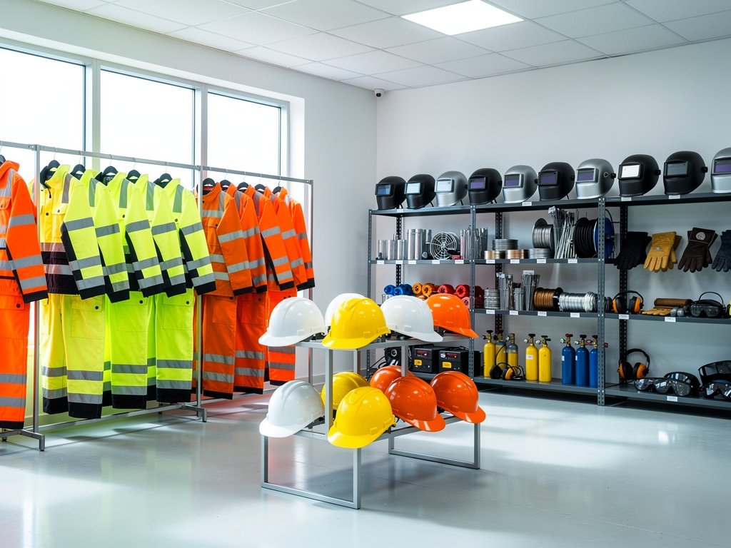 Tienda de equipos de seguridad industrial con chalecos reflectantes, cascos, guantes y máscaras de soldadura