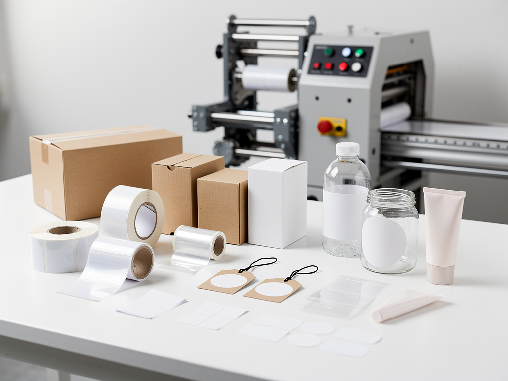 Materiales de embalaje y etiquetado con cajas, rollos de etiquetas, botellas y máquina etiquetadora en mesa de trabajo