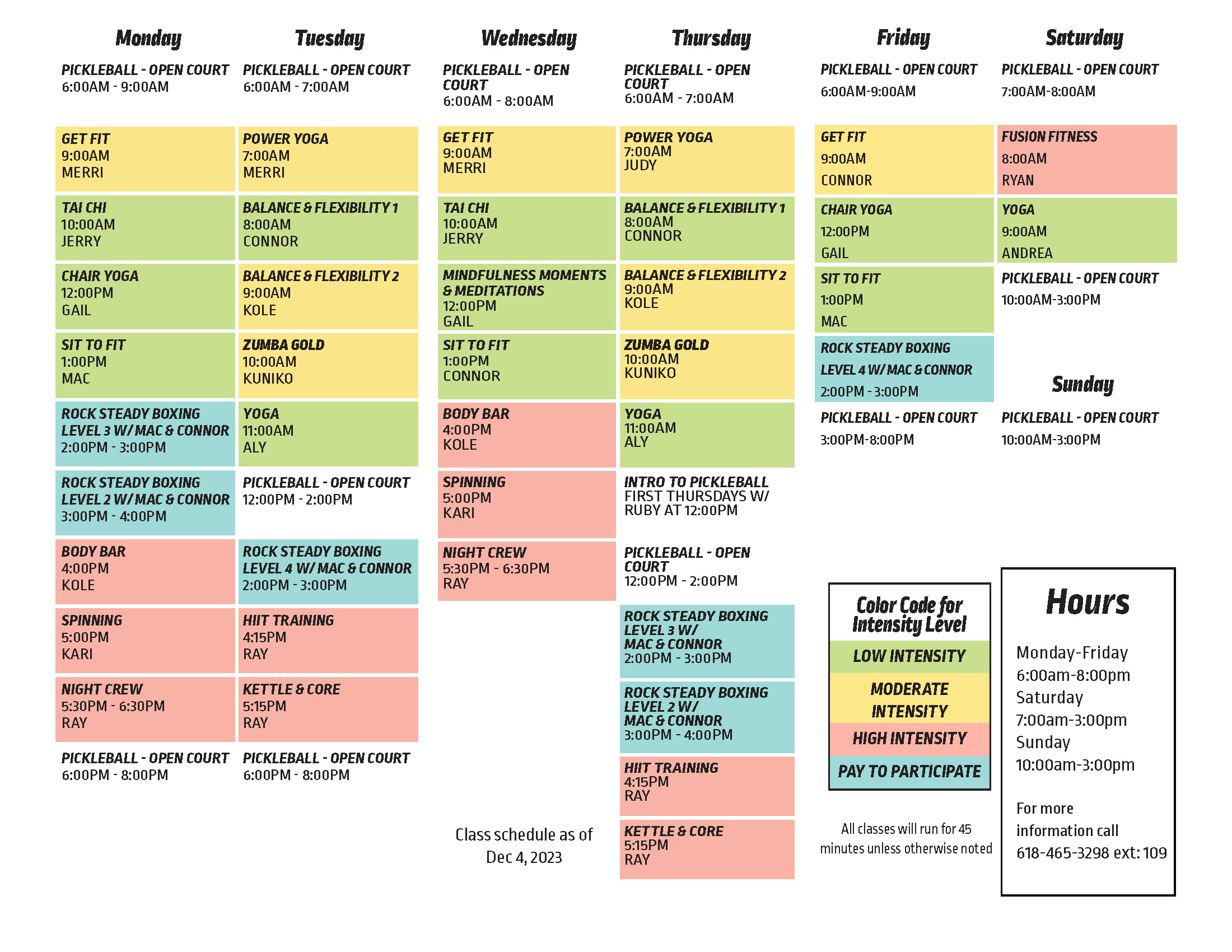SSP Wellness Center Class Schedule