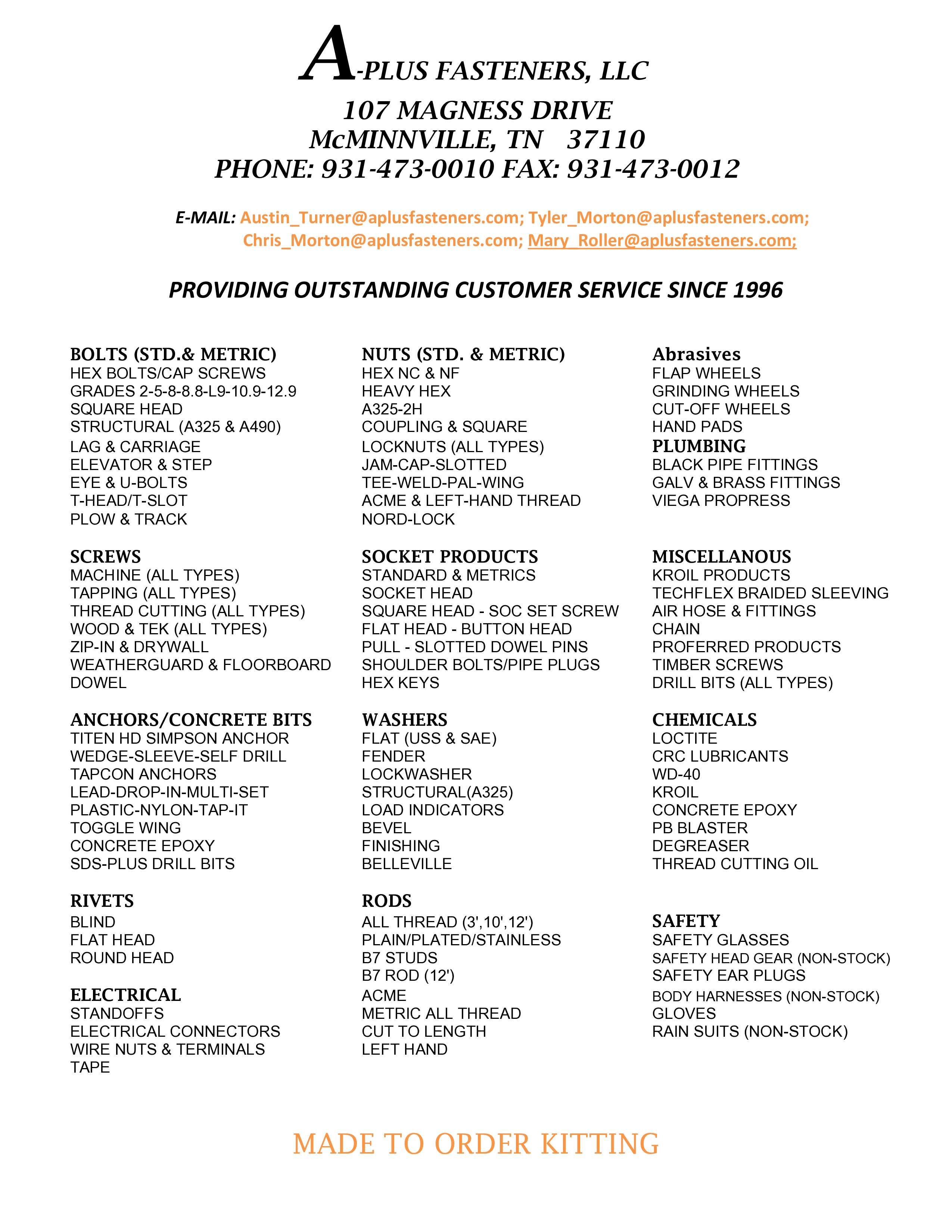 A-Plus Fasteners, LLC product list flyer, includes various nuts, bolts, screws, washers, and several industrial and construction supplies, contact information provided.

