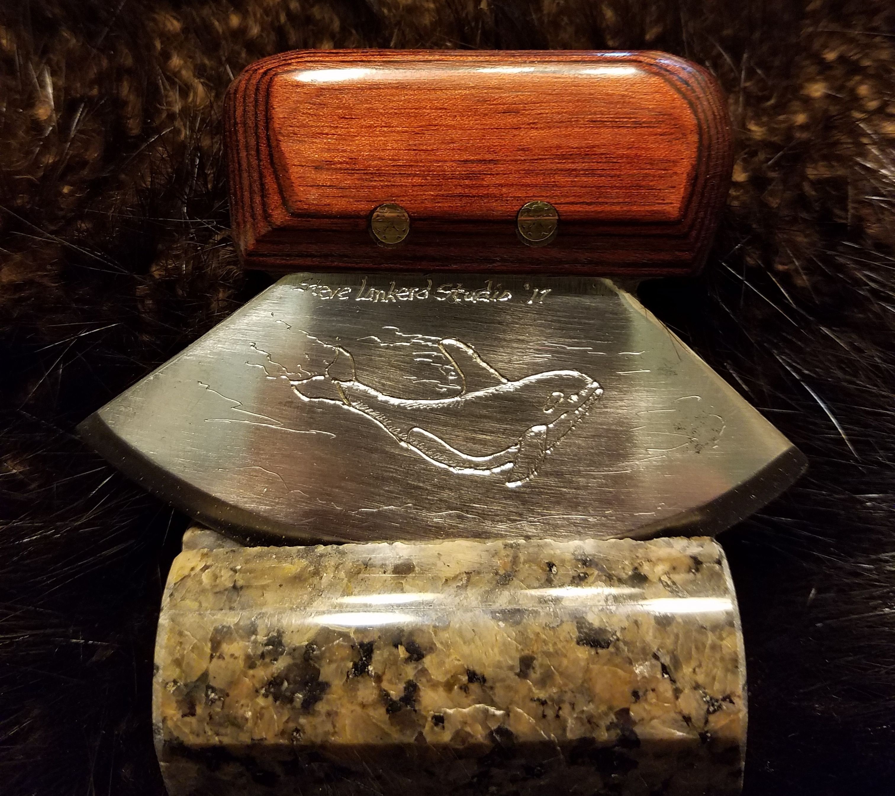 Killer Whale Engraved Ulu with Dymondwood Handle and Granite Base,   $85.00