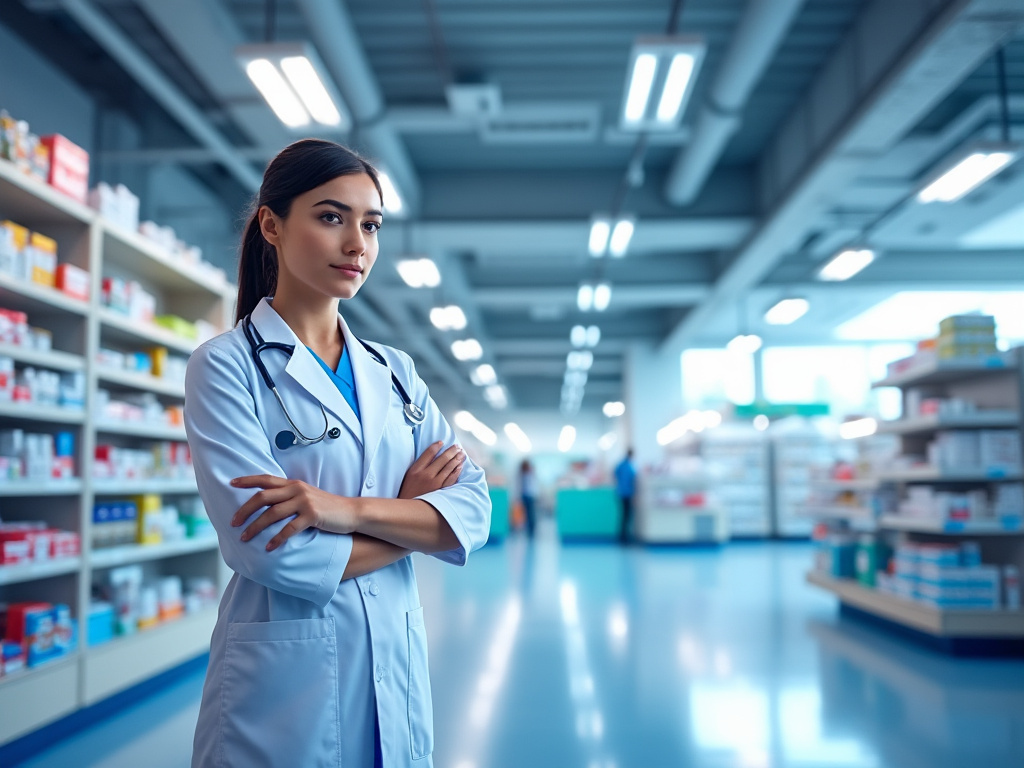 Médica con bata y estetoscopio en farmacia moderna.