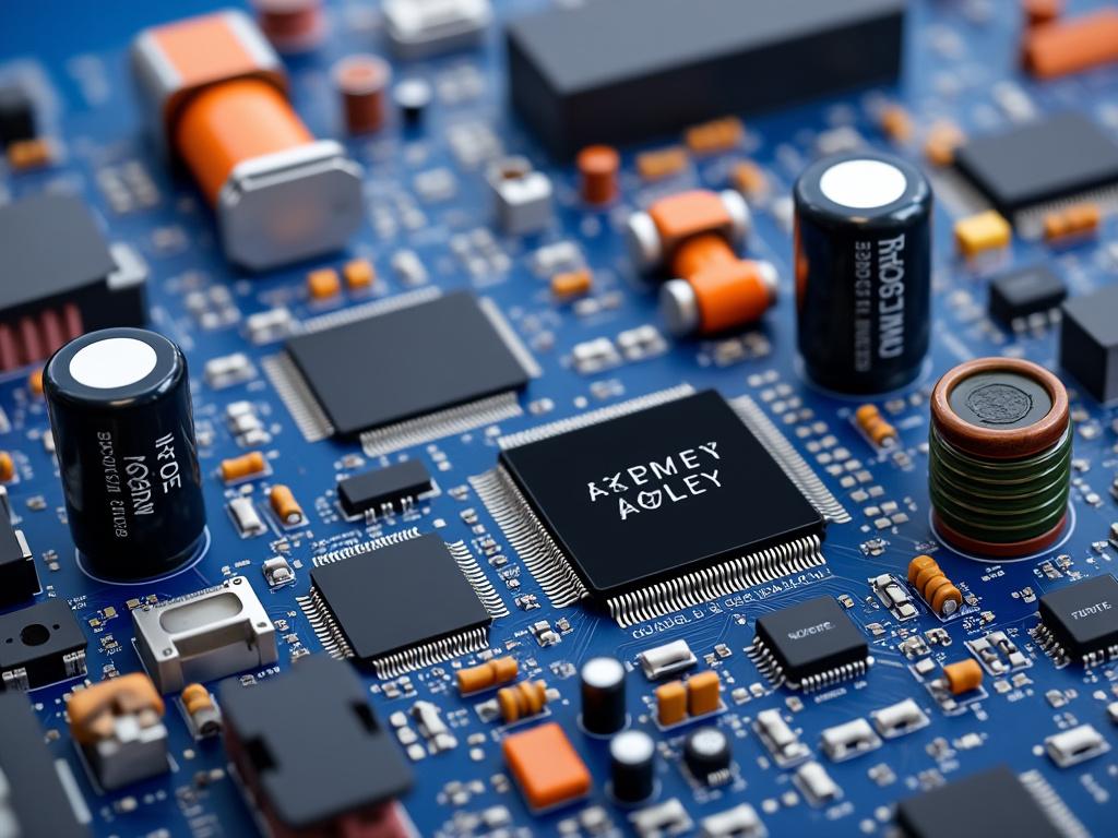 Close-up of a blue circuit board featuring capacitors, resistors, and microchips, with a focus on a central processor.