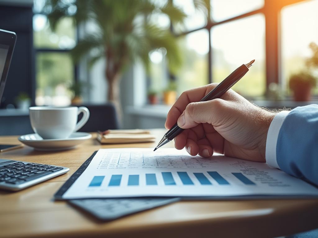 Mano escribiendo sobre gráfico en oficina iluminada con portátil y taza de café.