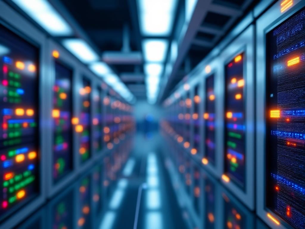 Pasillo de centro de datos con servidores iluminados y pantallas de red en una sala tecnológica moderna