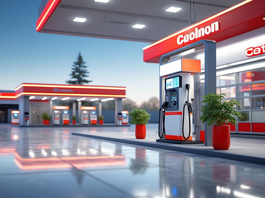 Estación de servicio moderna al atardecer con dispensadores de gasolina y decoraciones de plantas en macetas rojas.
