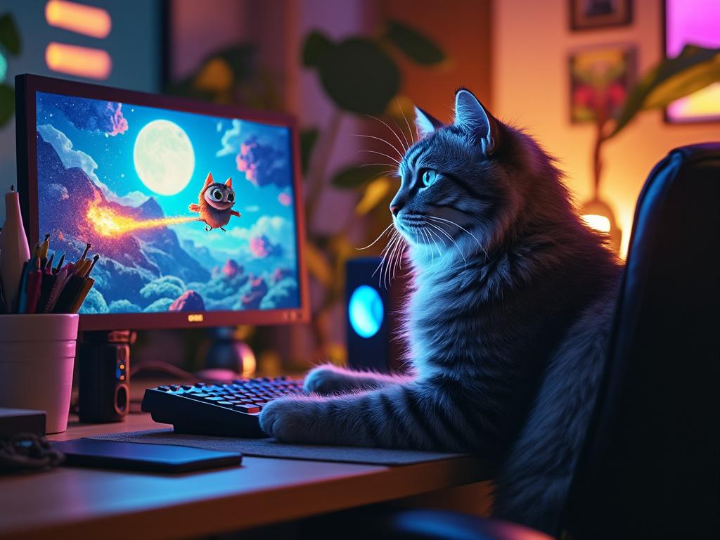 Fluffy cat sitting at a desk, watching a colorful animated scene on a computer monitor.
