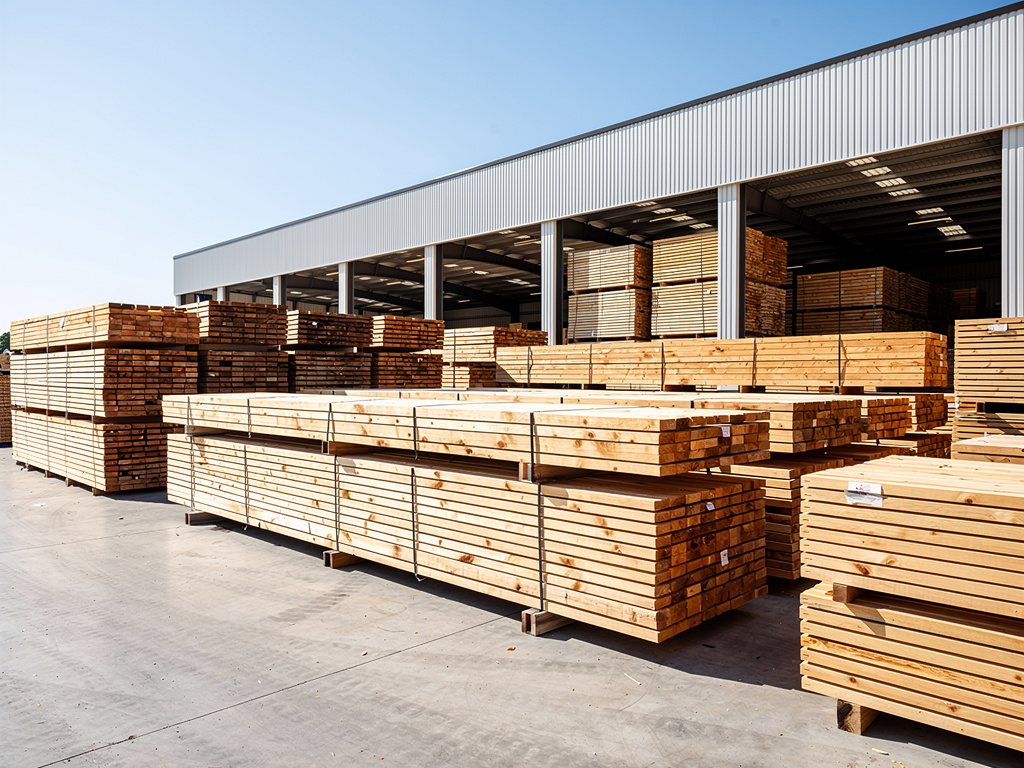 Tablones de madera apilados en un almacén industrial de materiales de construcción