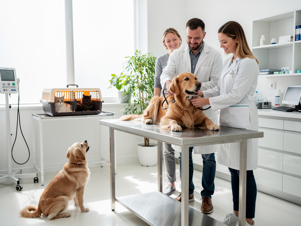 Veterinarios revisando a un golden retriever en clínica veterinaria moderna con dueños, gatos en transportín y otro perro esperando