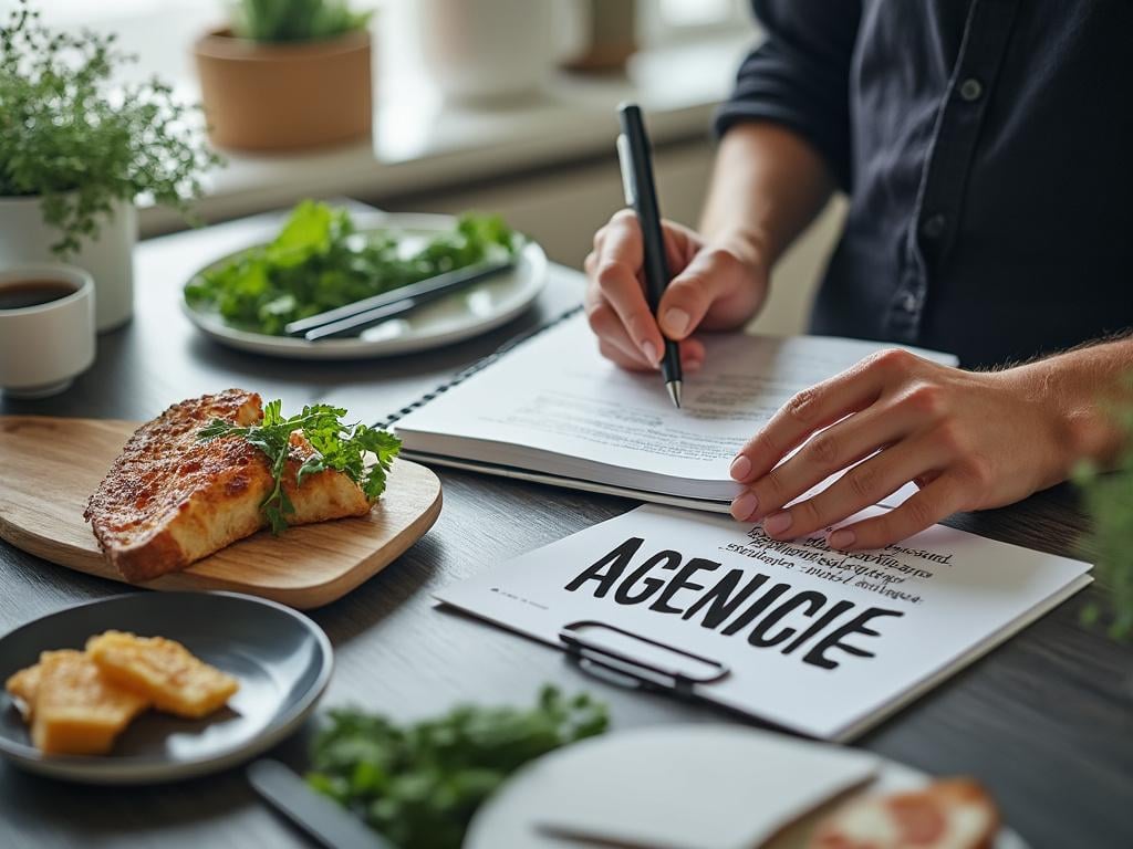 Persona escribiendo en un cuaderno junto a platos de comida, como tostadas con hierbas y queso, en un entorno de trabajo con plantas decorativas. Persona escribiendo en un cuaderno junto a platos de comida, como tostadas con hierbas y queso, en un entorno de trabajo con plantas decorativas.