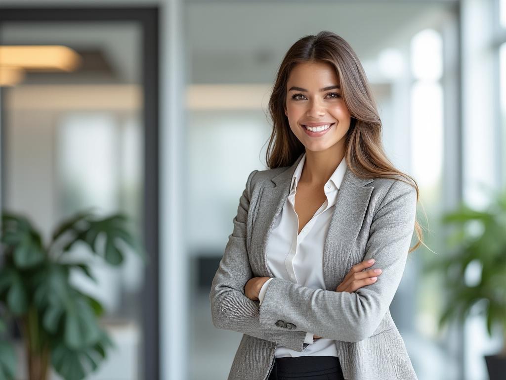 Mujer joven en traje gris sonriendo en una oficina moderna con plantas.