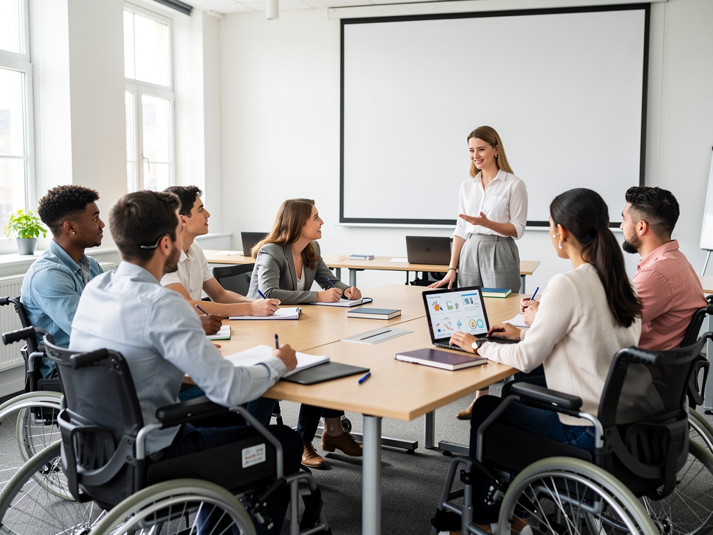 Reunión de equipo inclusiva en oficina con personas en sillas de ruedas y presentación empresarial