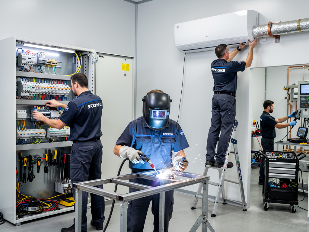 Técnicos industriales realizando instalación eléctrica, soldadura y mantenimiento de aire acondicionado en taller moderno