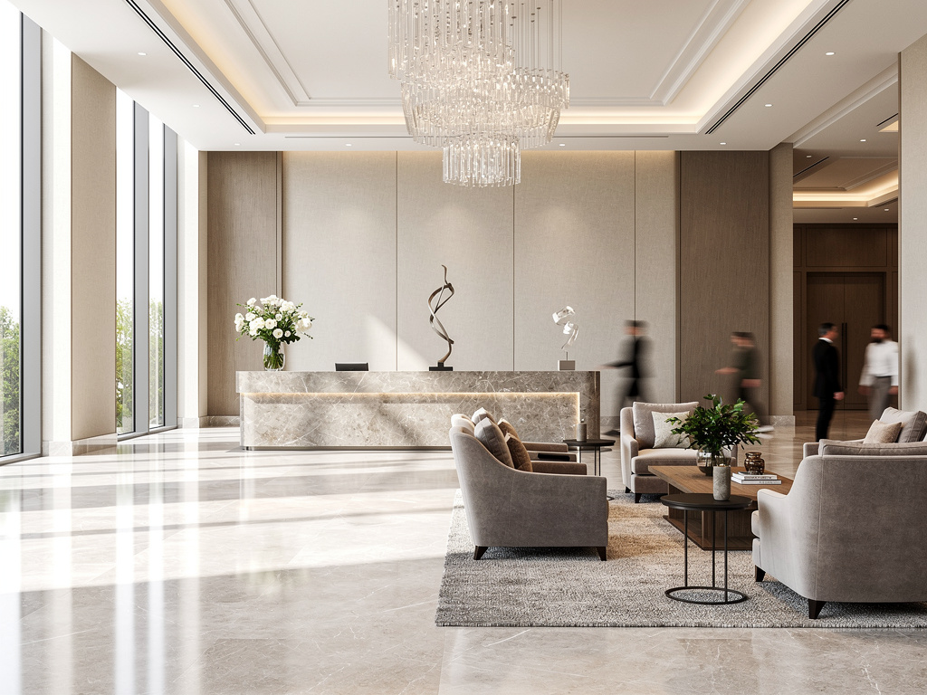Lobby de hotel de lujo con recepción de mármol, gran lámpara de cristal, ventanales altos y zona de espera elegante