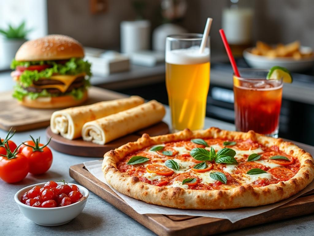 Pizza margarita con albahaca fresca en primer plano, acompañada de hamburguesa, rollos de tortilla, tomates, bebidas y papas fritas en el fondo.