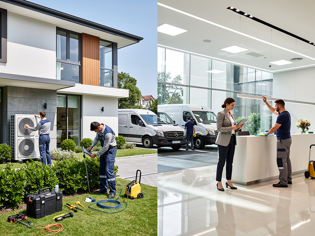 Técnicos de climatización instalando y reparando aire acondicionado en casa moderna y oficina con furgonetas de servicio Técnicos de climatización instalando y reparando aire acondicionado en casa moderna y oficina con furgonetas de servicio
