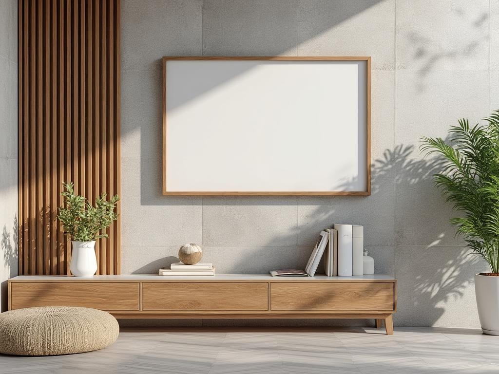Minimalist living room with wooden furniture, a blank art frame, plants, and decor on a light gray wall.