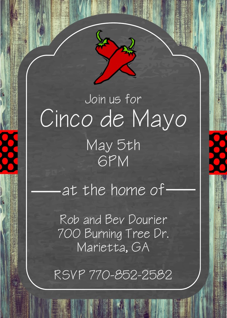 Cinco de mayo pepper on chalkboard and wood party invitations