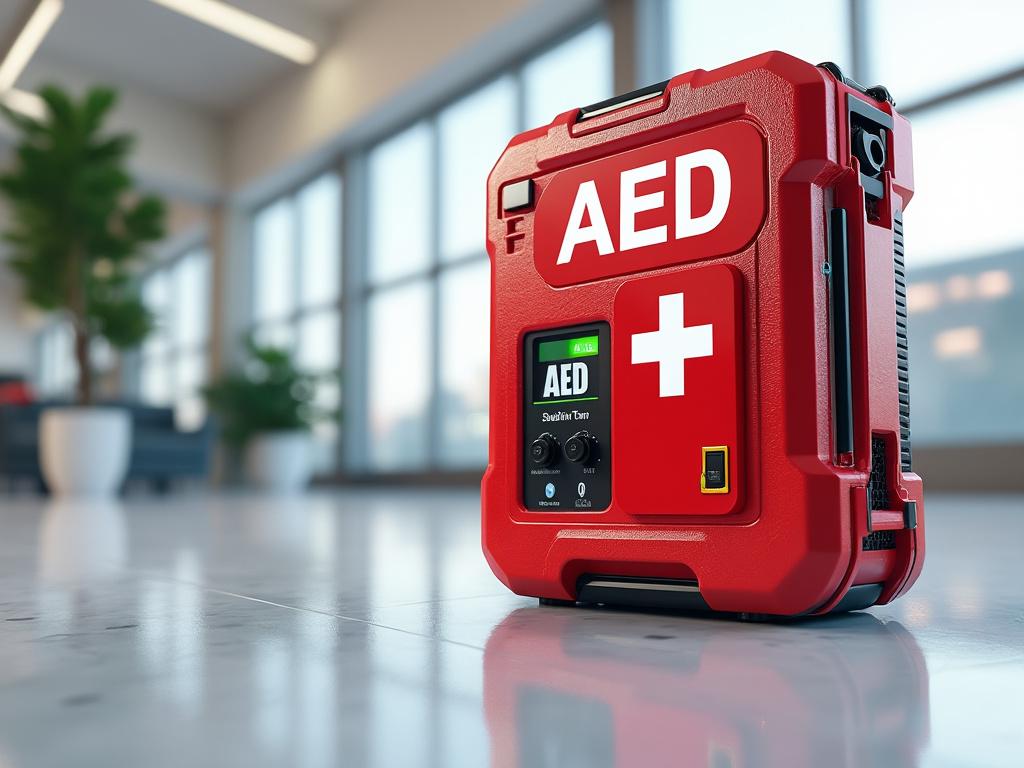 Red AED device in a modern room with large windows and blurred plants in the background.