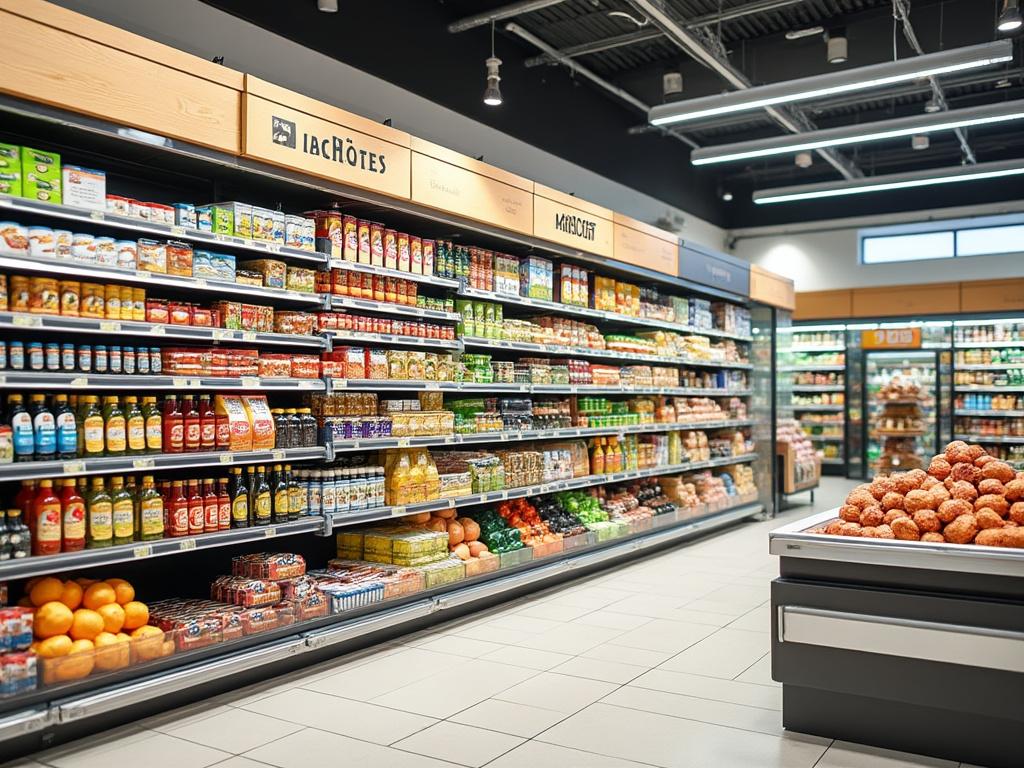 Pasillo de supermercado con estantes de productos alimenticios y sección de frutas.