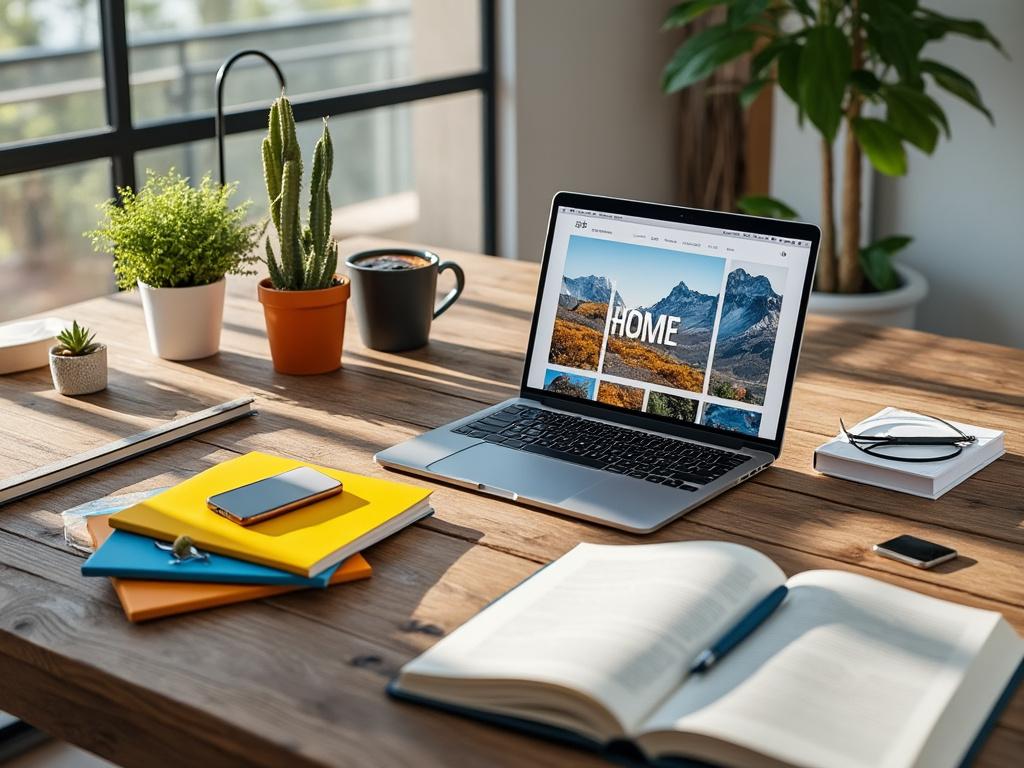 Modern workspace with laptop displaying home screen, surrounded by notebooks, smartphone, pen, reading glasses, and potted plants on a wooden desk.