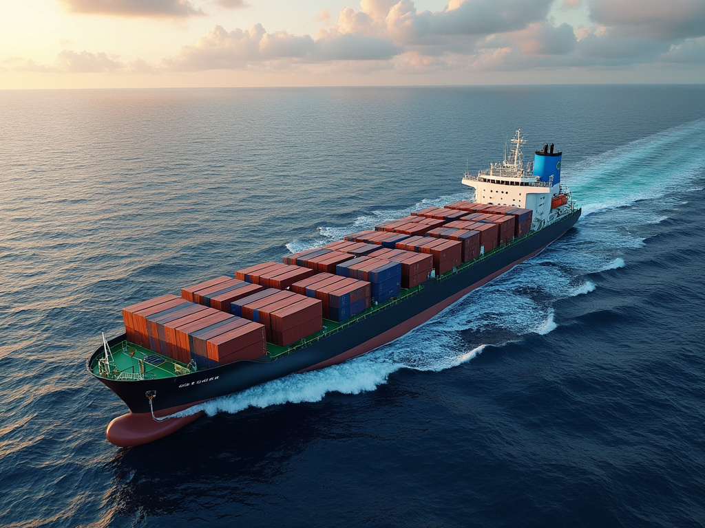 Large cargo container ship sailing across the ocean at sunset with stacked shipping containers
