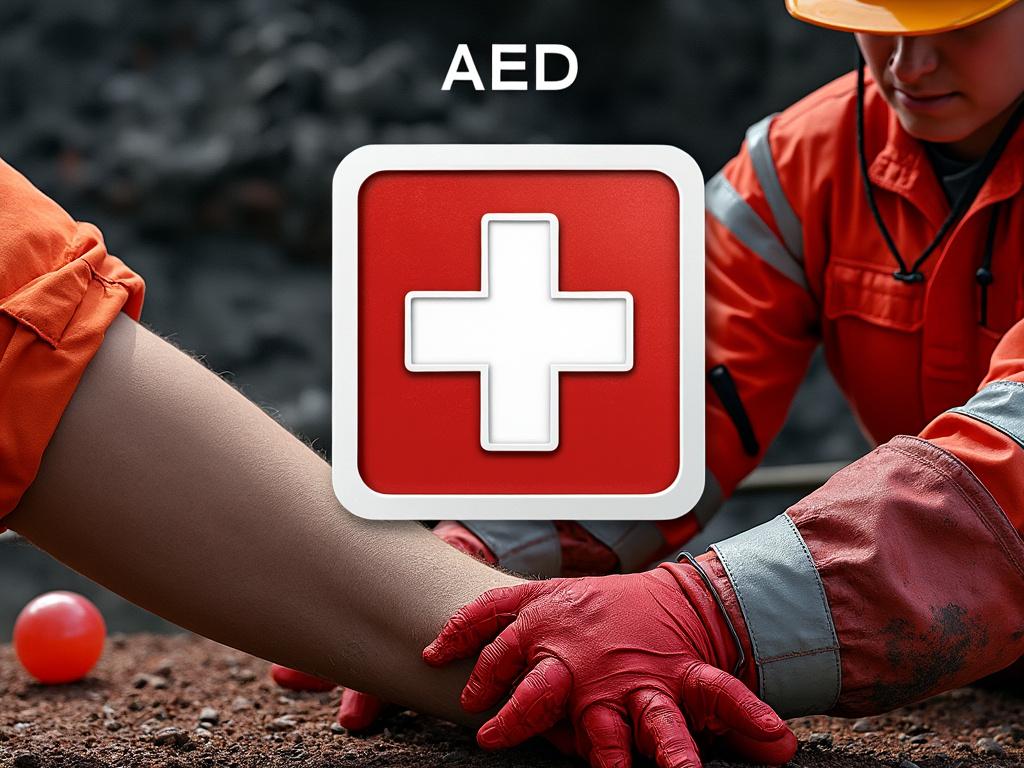 Emergency responder applying first aid with AED symbol overlay, both wearing orange protective gear.