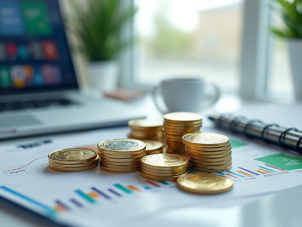 Montones de monedas de oro sobre un gráfico financiero, con un portátil y una planta al fondo, simbolizando finanzas y crecimiento económico.
