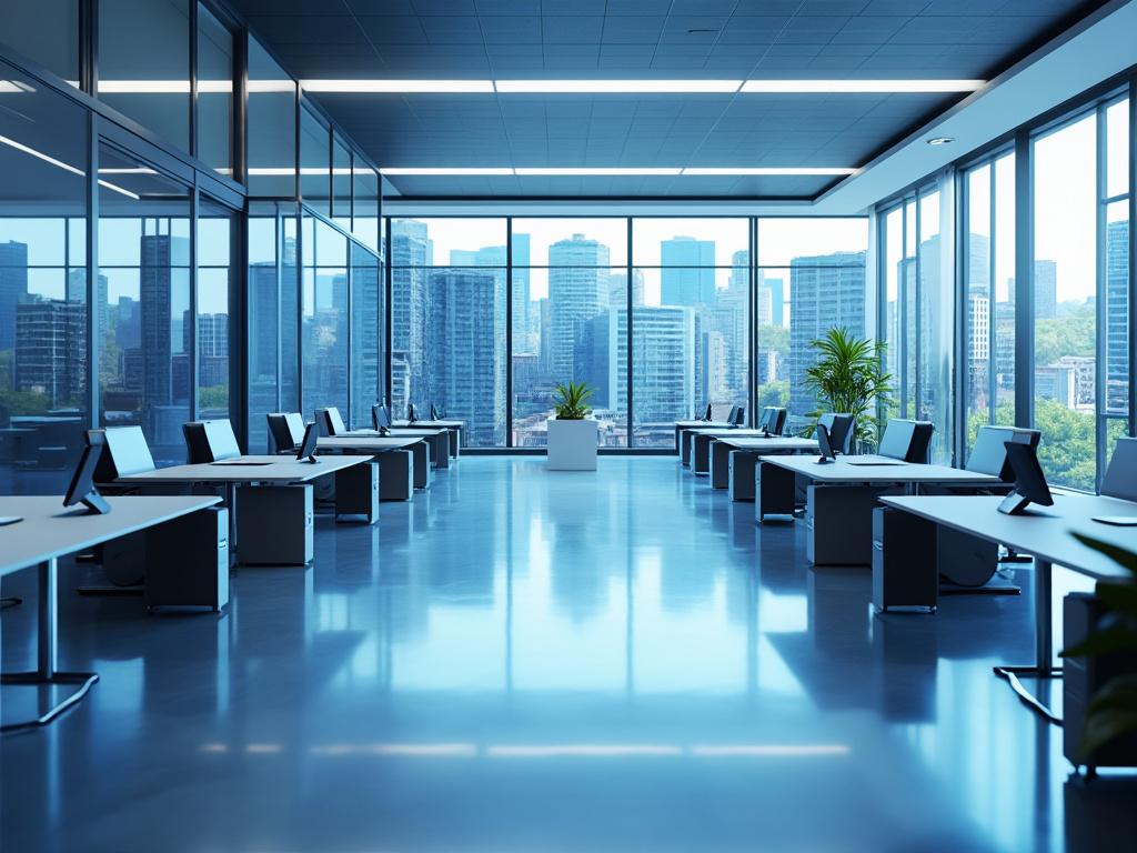 Modern office interior with large windows overlooking city skyline, featuring rows of desks with computers and potted plants.