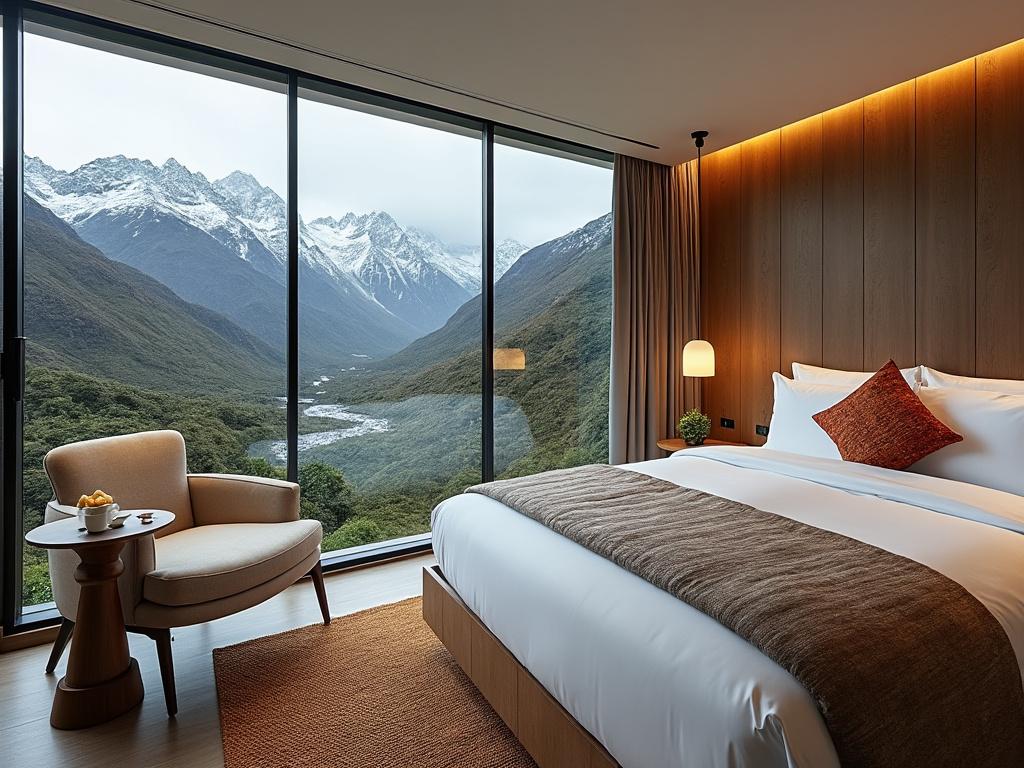 Habitación de hotel moderna con cama grande, sillón y ventana panorámica que muestra un paisaje de montañas nevadas y río.