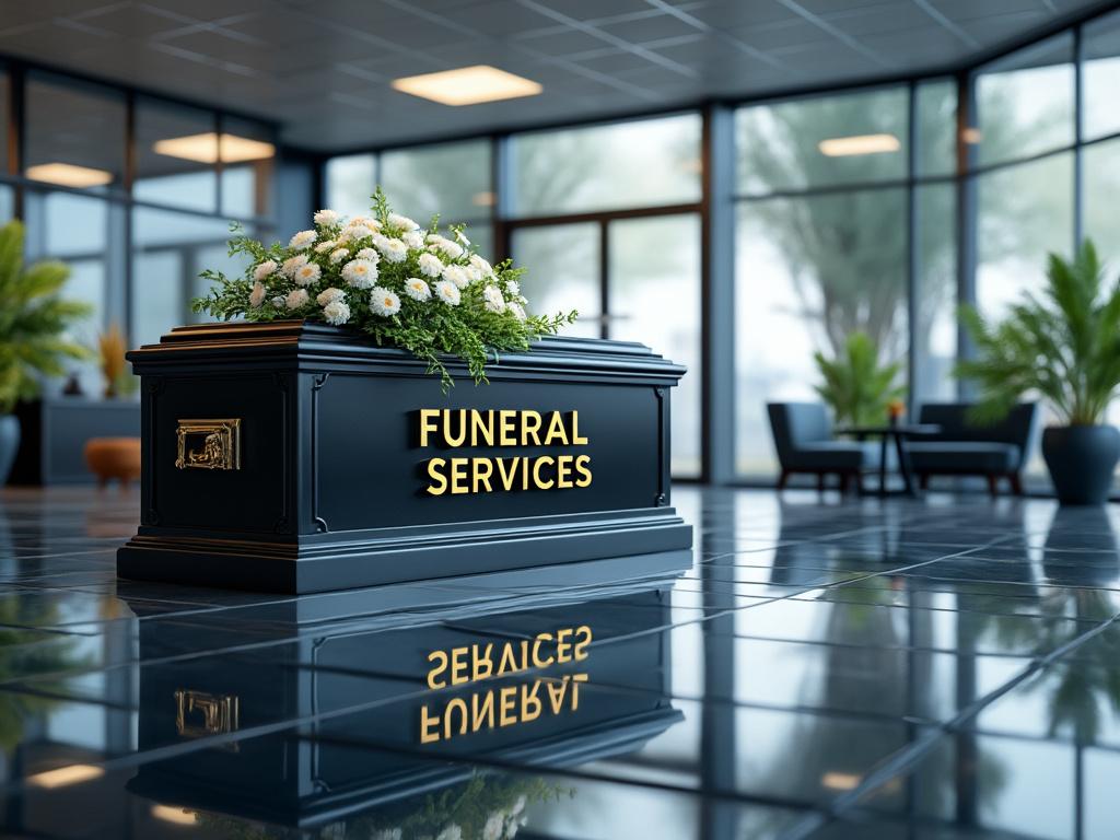 Mesa de recepción de servicios funerarios con flores blancas en una sala moderna y elegante. Mesa de recepción de servicios funerarios con flores blancas en una sala moderna y elegante.