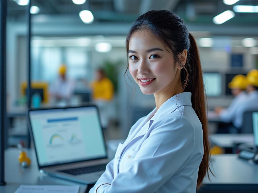 Mujer sonriente en oficina moderna con laptop y gráficos en pantalla al fondo